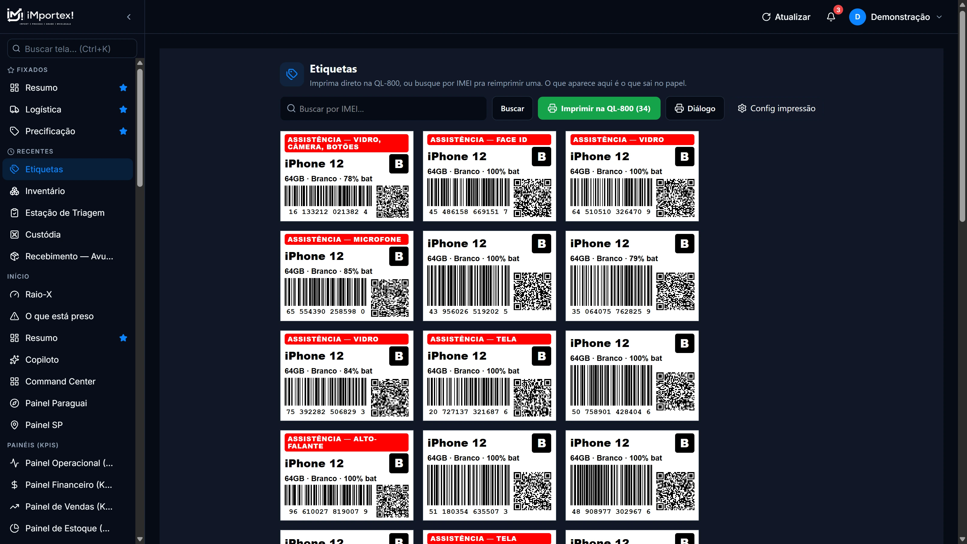 Etiquetas do iMportex! — etiquetas com QR Code e código de barras, tarja vermelha do defeito encontrado, grade e percentual de bateria, prontas para impressão na QL-800