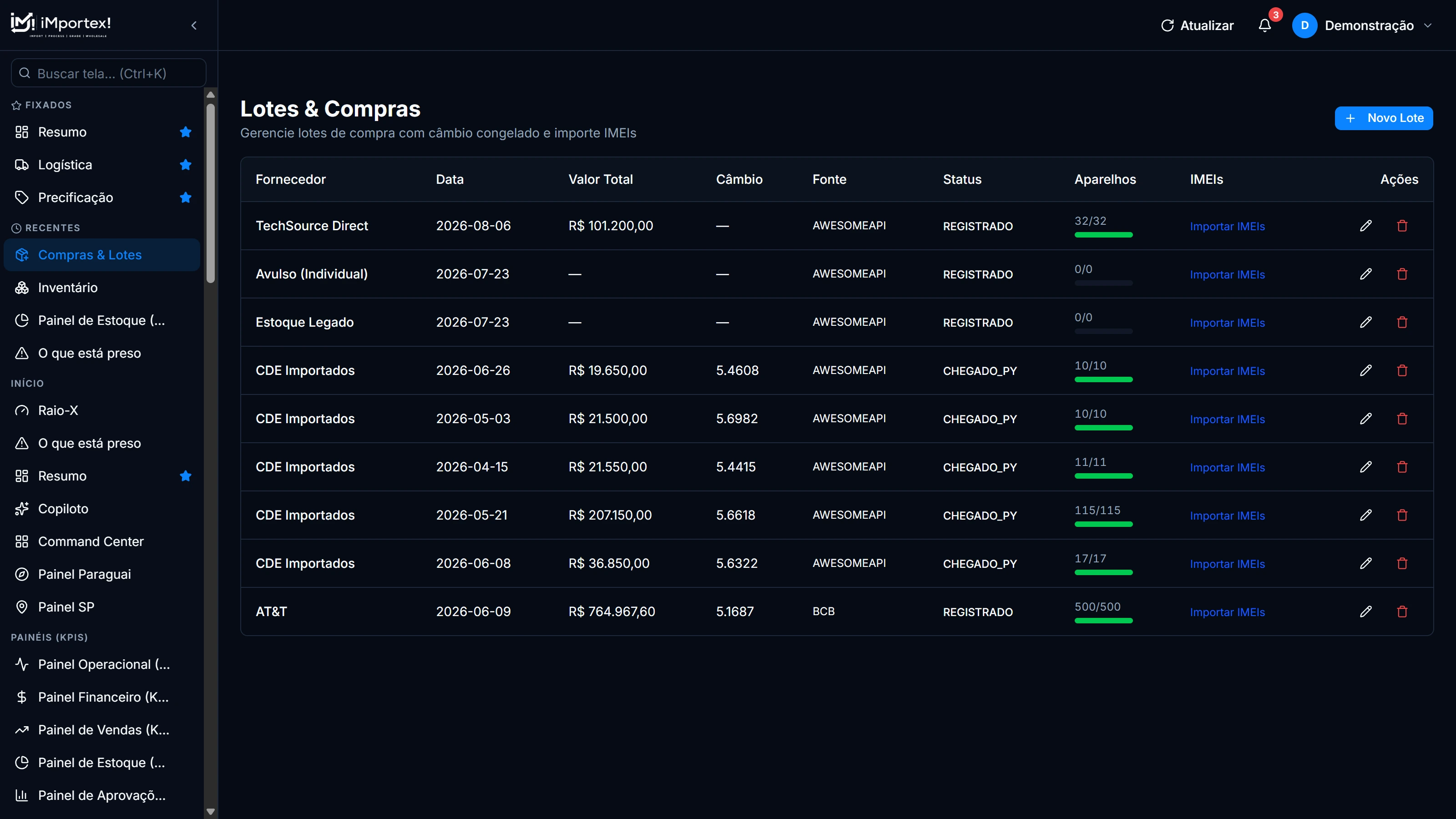Compras e Lotes no iMportex! — lotes de importação com valor total, câmbio congelado por lote, fonte da cotação e importação de IMEIs